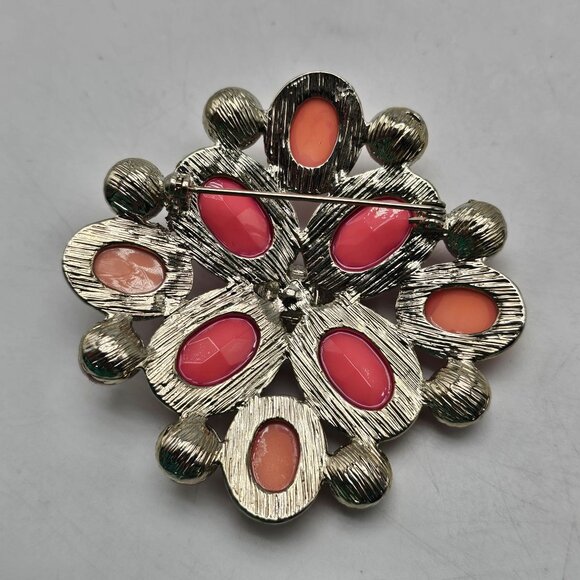 Vintage Pink Peach Floral Medallion Brooch Pin With Rhinestone Accents - Picture 2 of 4